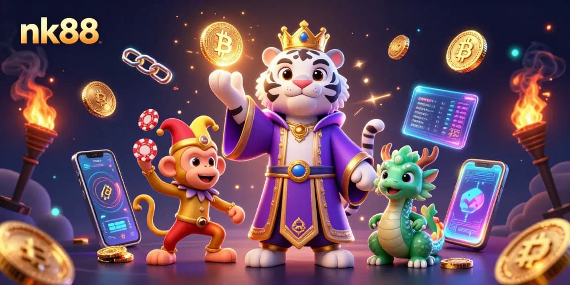 Engage in thrilling gameplay with nk88, showcasing vibrant casino characters and cryptocurrency elements.