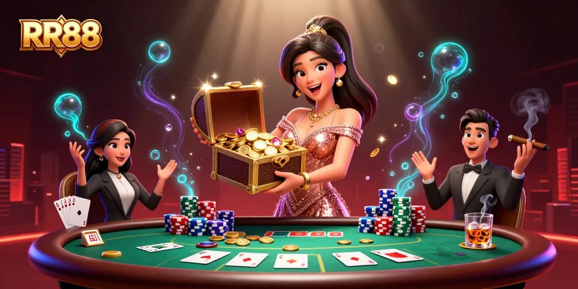 RR88 showcases a stunning Asian casino experience with a joyful woman revealing a treasure chest of wins.