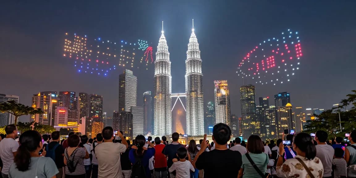 A vibrant malaysia drone light show over Kuala Lumpur, featuring synchronized LED drones forming intricate designs while an enthusiastic crowd watches in awe.