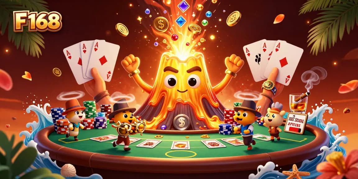 Engage with F 168's exhilarating gaming experience as treasures erupt from a golden volcano.