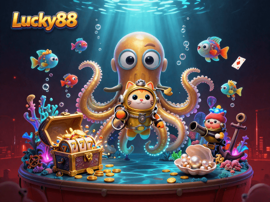 Engage with Lucky88's thrilling slot reels, surrounded by vibrant underwater characters and treasures.