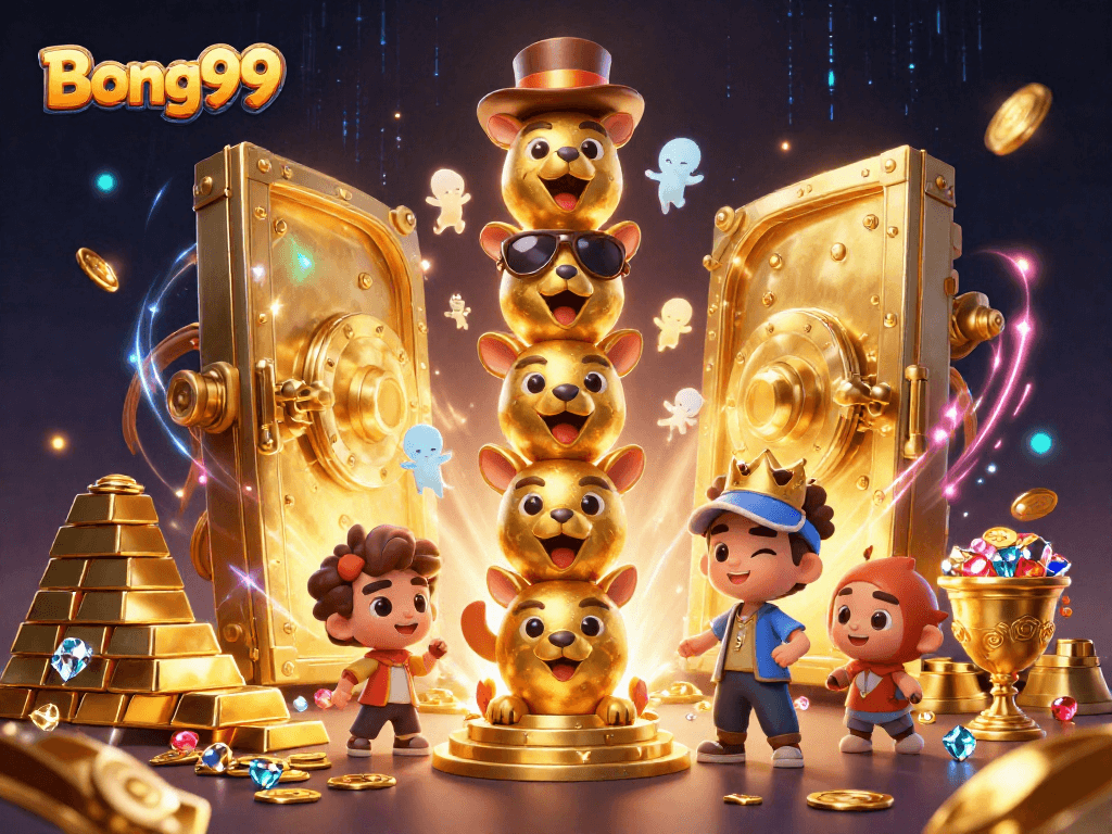 Engage with Bong99's vibrant casino atmosphere featuring golden treasures in a 3D illustration.