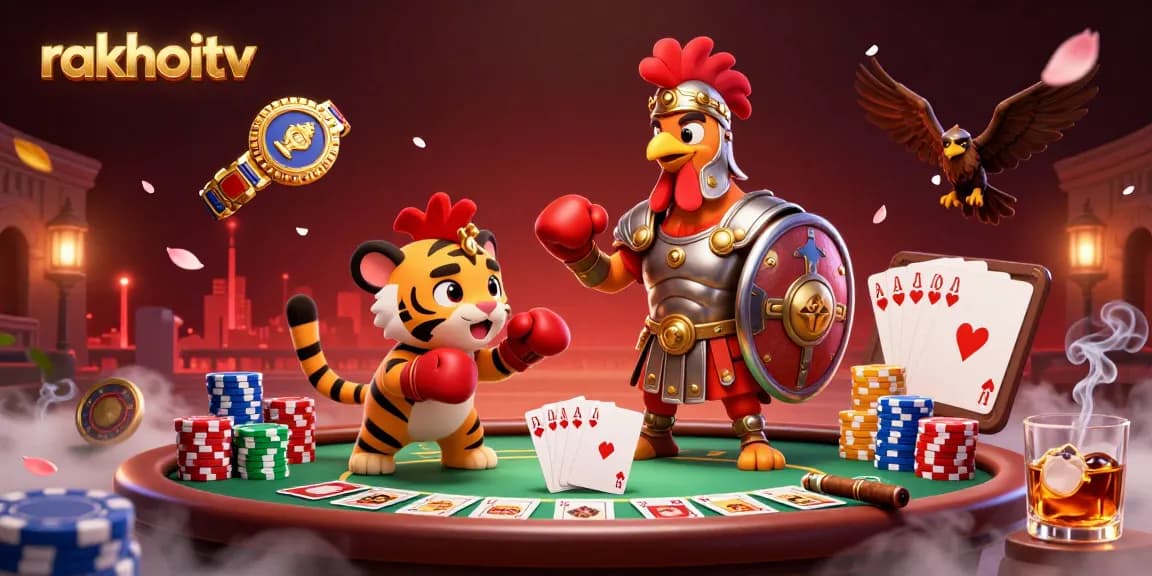 Experience the thrilling action at rakhoitv with this vibrant 3D illustration featuring a gladiator rooster and poker table elements.