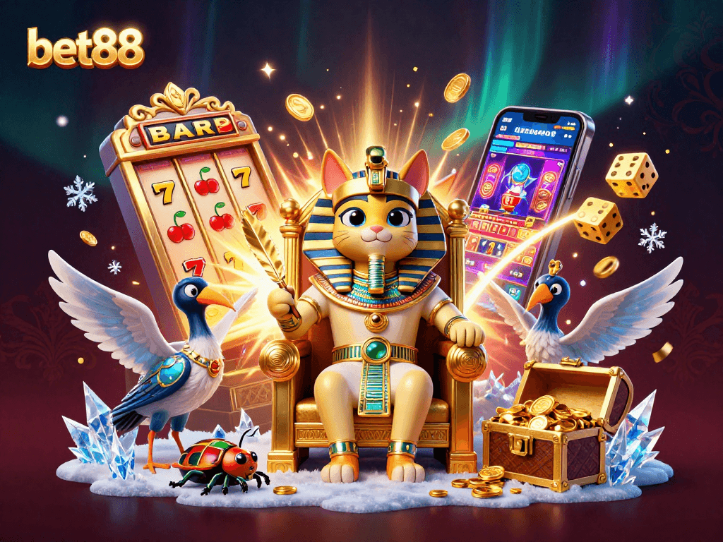 Engage in thrilling wins at bet88 with dynamic 3D illustrations showcasing an Egyptian pharaoh cat and vibrant casino elements.