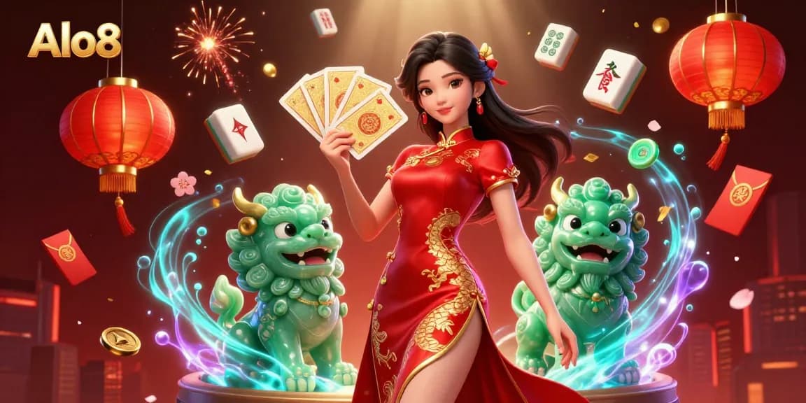 Alo8 showcases a lively 3D illustration of a woman in a qipao with golden cards, evoking excitement in online gaming.
