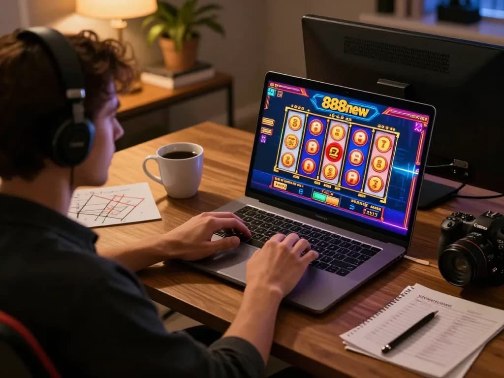 Enjoying a thrilling session at 888new casino with colorful slot games on a laptop in a cozy home setup.