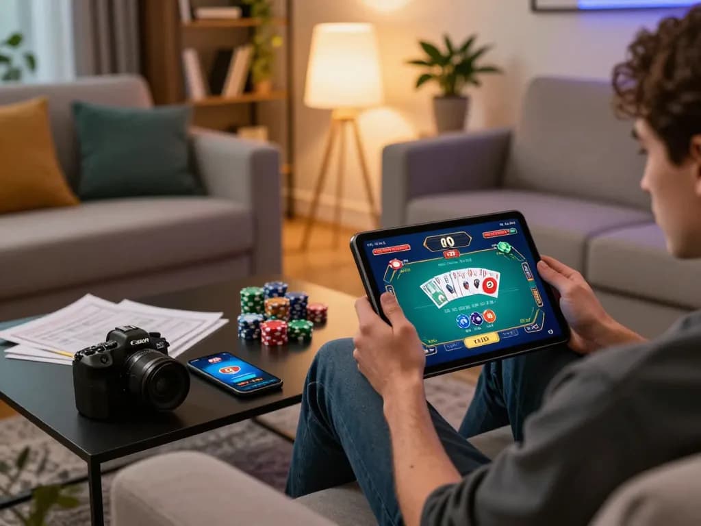Engaging in an O8 online poker game with strategy notes nearby, surrounded by a cozy home atmosphere