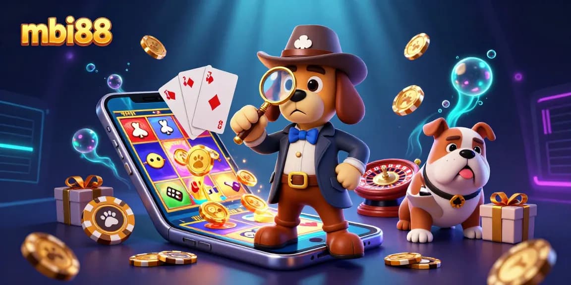 Play exciting games at mbi88 with a cartoon detective uncovering poker treasures amidst vibrant casino elements.