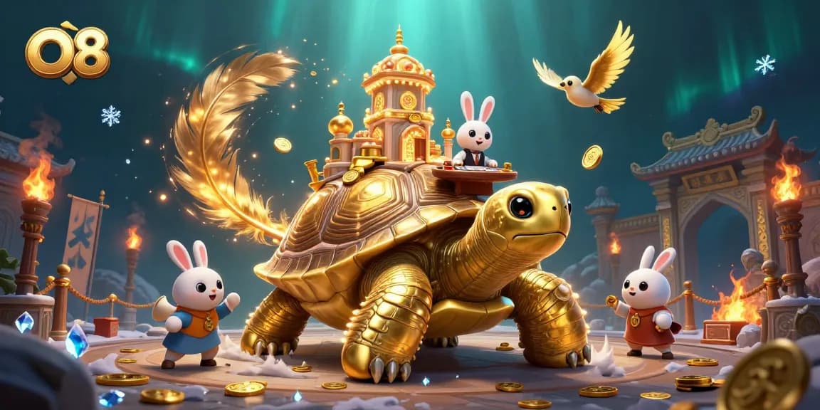 Engage with O8's lively casino adventure featuring a golden tortoise, rabbit dealer, and coins.