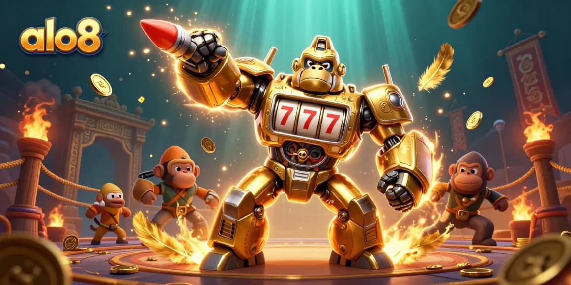 Experience thrills at alo8 with a dynamic 3D illustration of a golden gorilla mech surrounded by gambling elements.