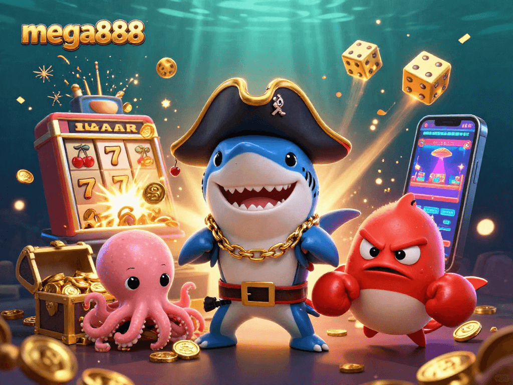 Permainan mega888 dengan jerung kartun 3D dan permainan slot dengan banyak emas.
