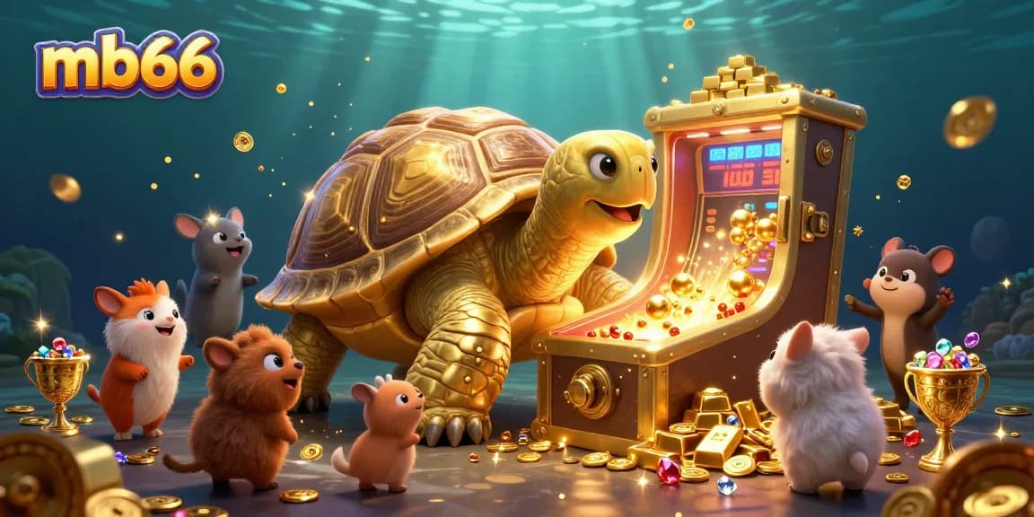 Experience the thrill of mb66 in a vibrant 3D casino environment featuring a colossal golden tortoise and sparkling treasures.
