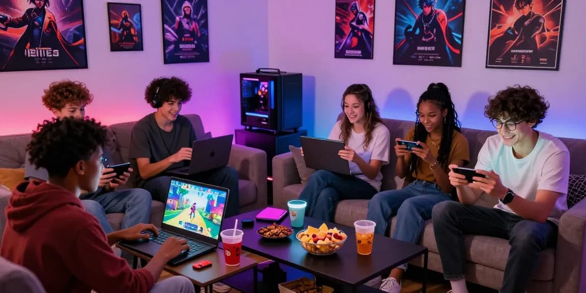 Group of friends enjoying hentaigames on laptops and smartphones in a cozy living room, illuminated by colorful LED lights.
