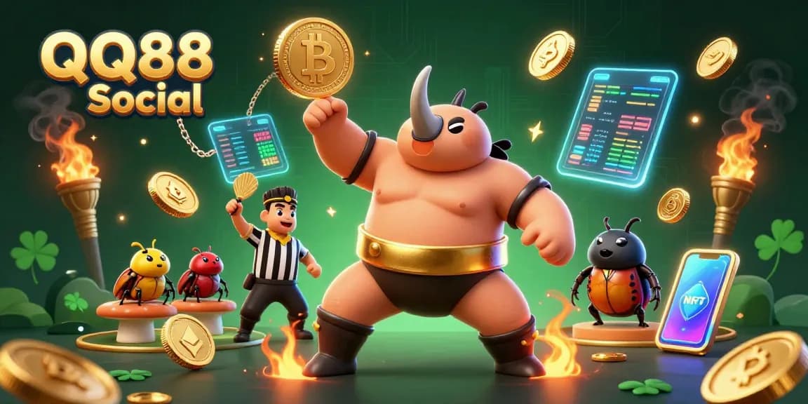 Experience thrilling gameplay at QQ88 Social with cartoon beetle champions amidst flying coins and crypto elements.