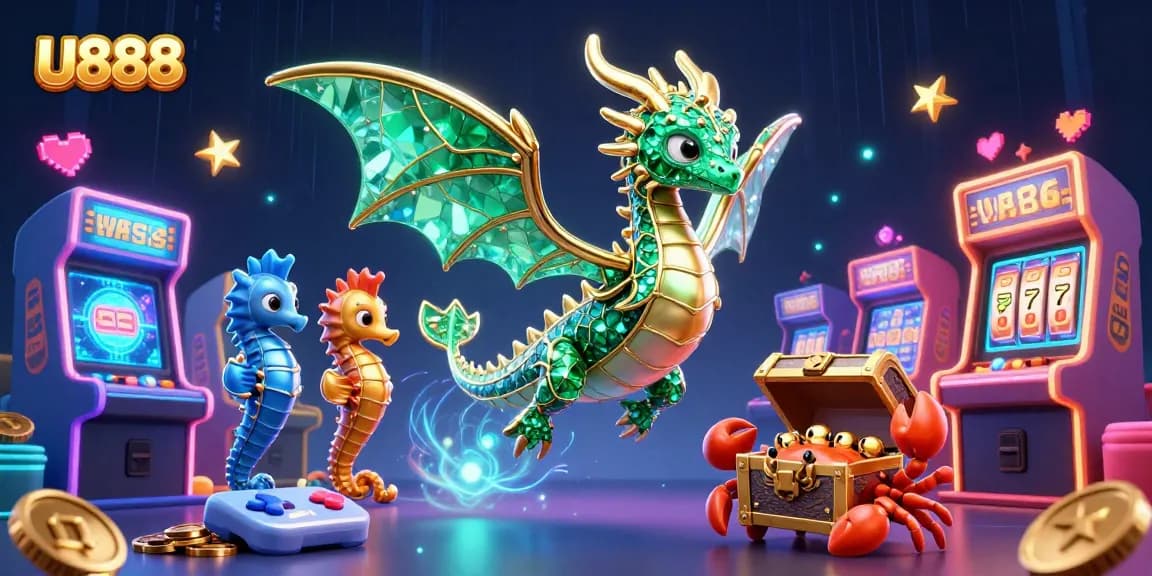 Engage in online gaming excitement at U888 with vibrant 3D decor and action-packed casino elements.