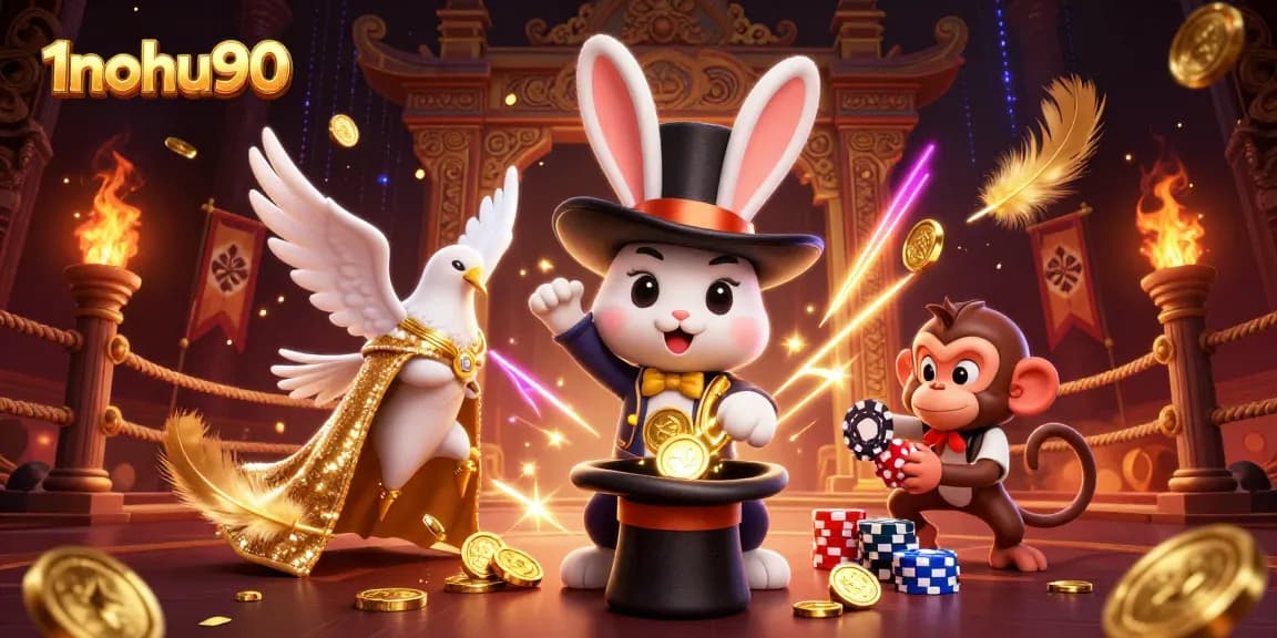 Experience the magic of 1nohu90 with a vibrant 3D scene of whimsical casino characters.
