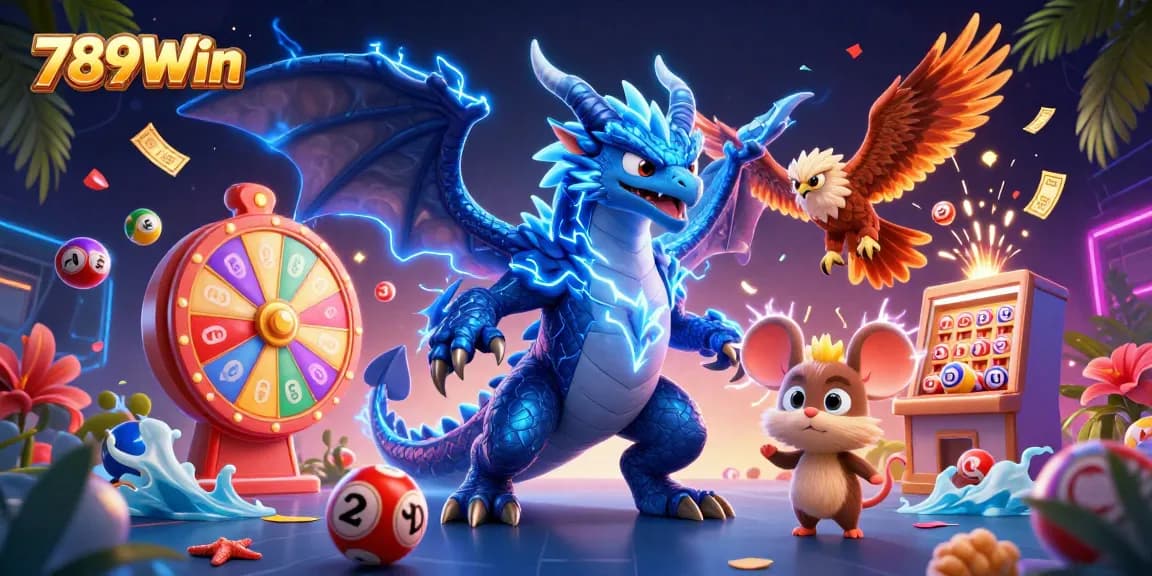 Experience exciting games with 789Win's colorful lottery-themed 3D illustration featuring dynamic prizes.