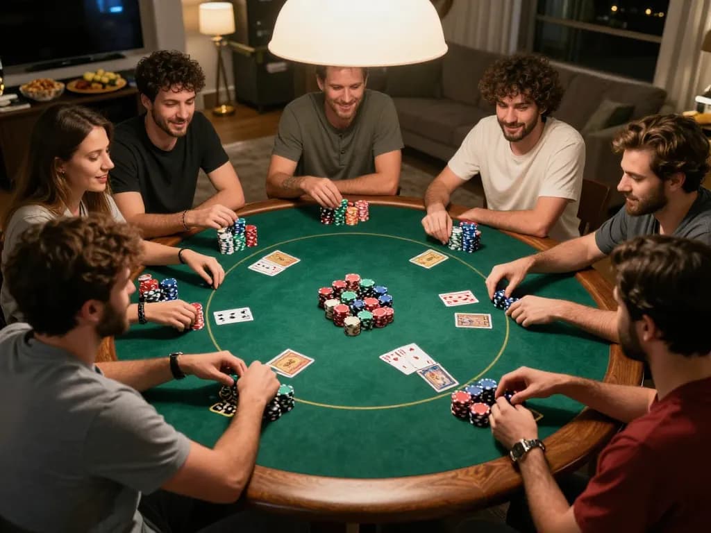 Engaging home poker night showcasing kèo nhà cái 5 strategy with friends around vibrant table