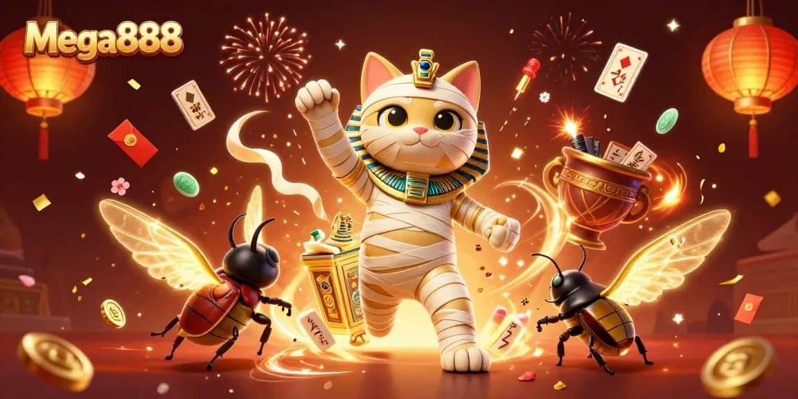 Permainan Mega888 yang menyeronokkan dengan ilustrasi 3D mumi kucing dan unsur keberuntungan di kasino.