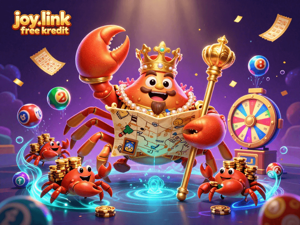 Experience exciting gameplay with joy.link free kredit in a vibrant lottery-themed 3D illustration.