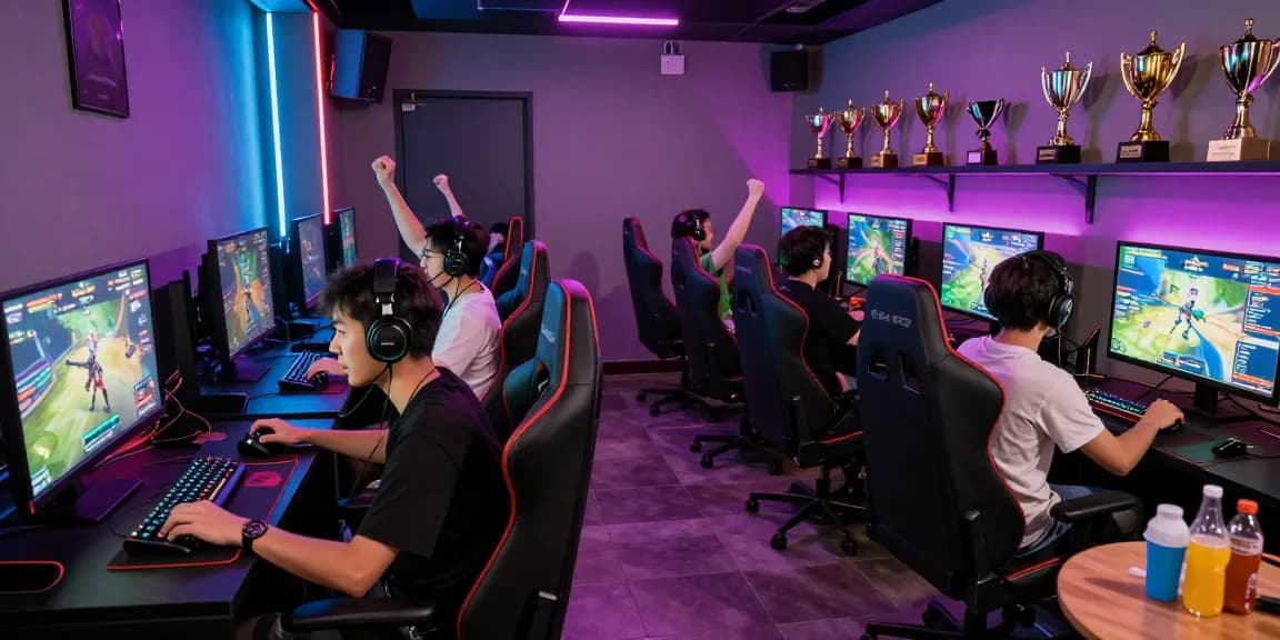 B52 game enthusiasts engaging in an exciting gaming lounge atmosphere with vibrant LED lights and modern gaming setups.