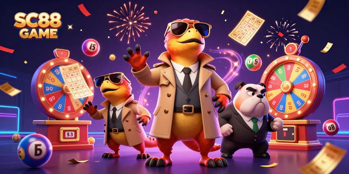 Experience the thrilling SC88 GAME with three raptors in a trench coat entering a VIP casino, surrounded by vibrant game elements.