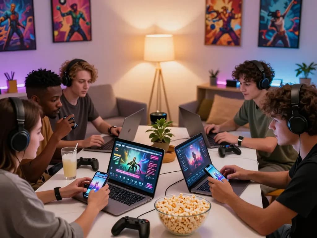 Play porn games in a cozy living room with friends enjoying various devices.