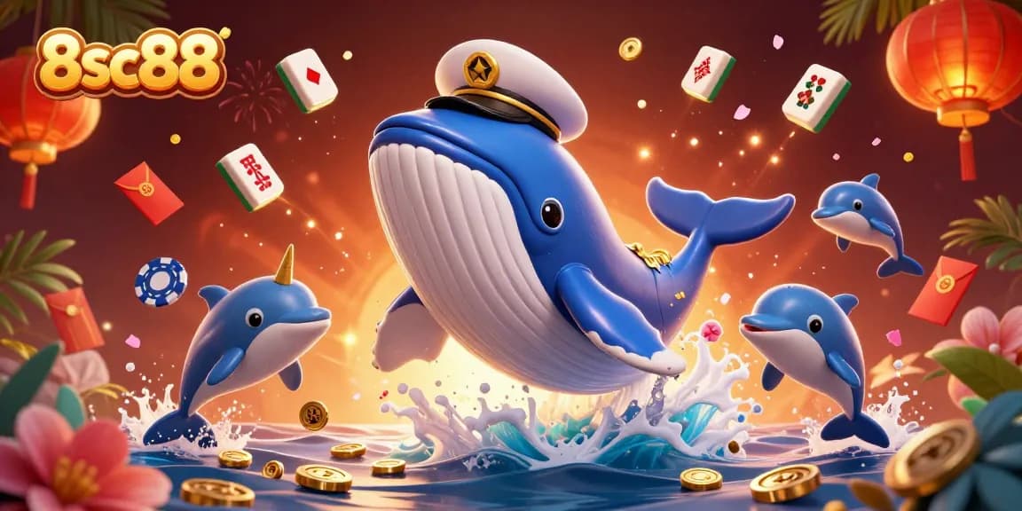 Experience winning excitement at 8sc88 with playful dolphins and a charismatic whale in a vibrant casino scene.