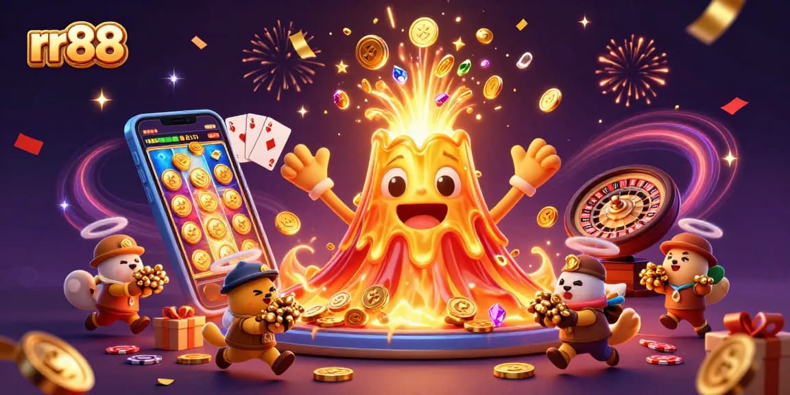 Experience the thrill of rr88 as golden coins erupt from a victorious volcano amidst vibrant casino elements.