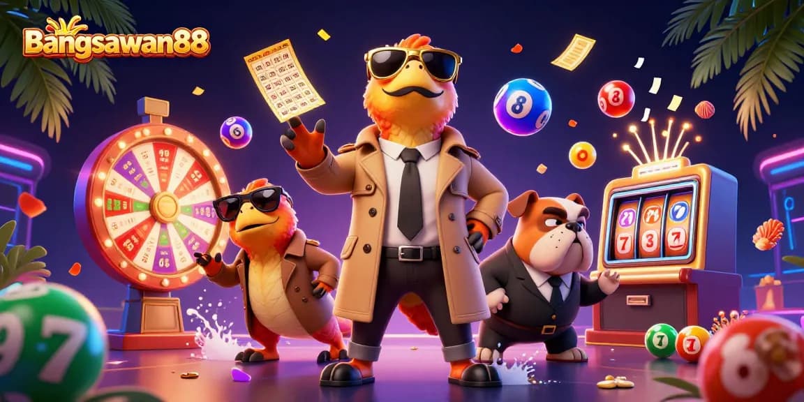 Bangsawan88 raptors in a trench coat, entering a casino with vibrant lottery elements and slot reels.