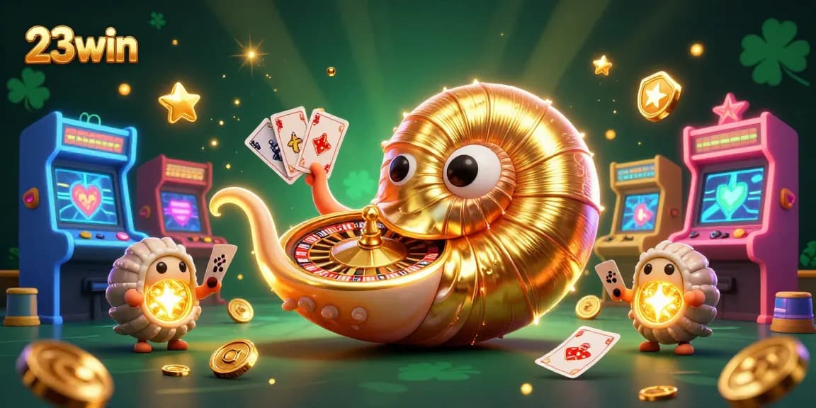 Engage with 23win's vibrant casino illustration featuring glowing nautilus roulette and arcade elements.