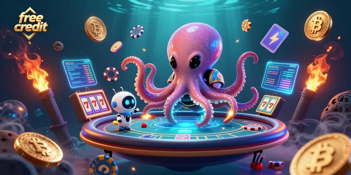 Engage with free credit promotions at a vibrant casino scene featuring an alien octopus and poker elements.