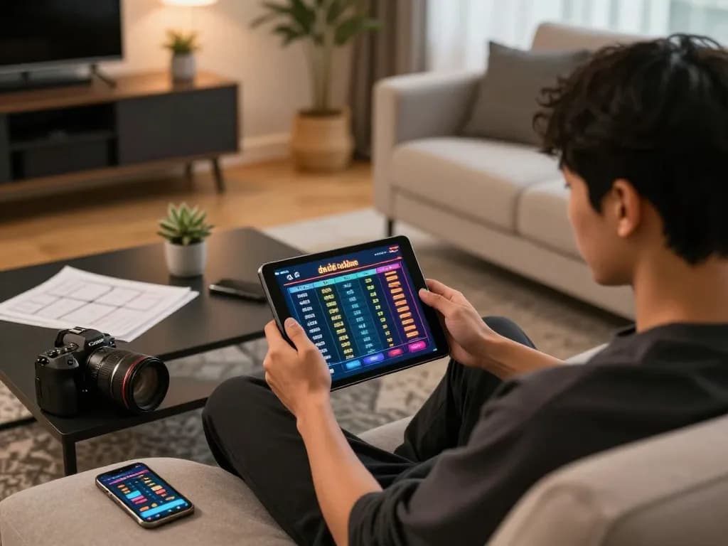 Engaging with đánh đề online, a player analyzes strategies on a tablet at home.