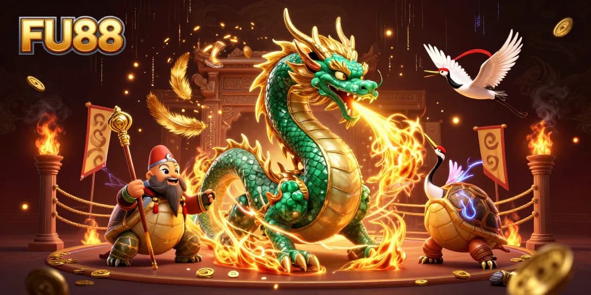 Experience FU88's exciting gaming adventure with majestic dragon and wise turtle amidst vibrant casino elements.