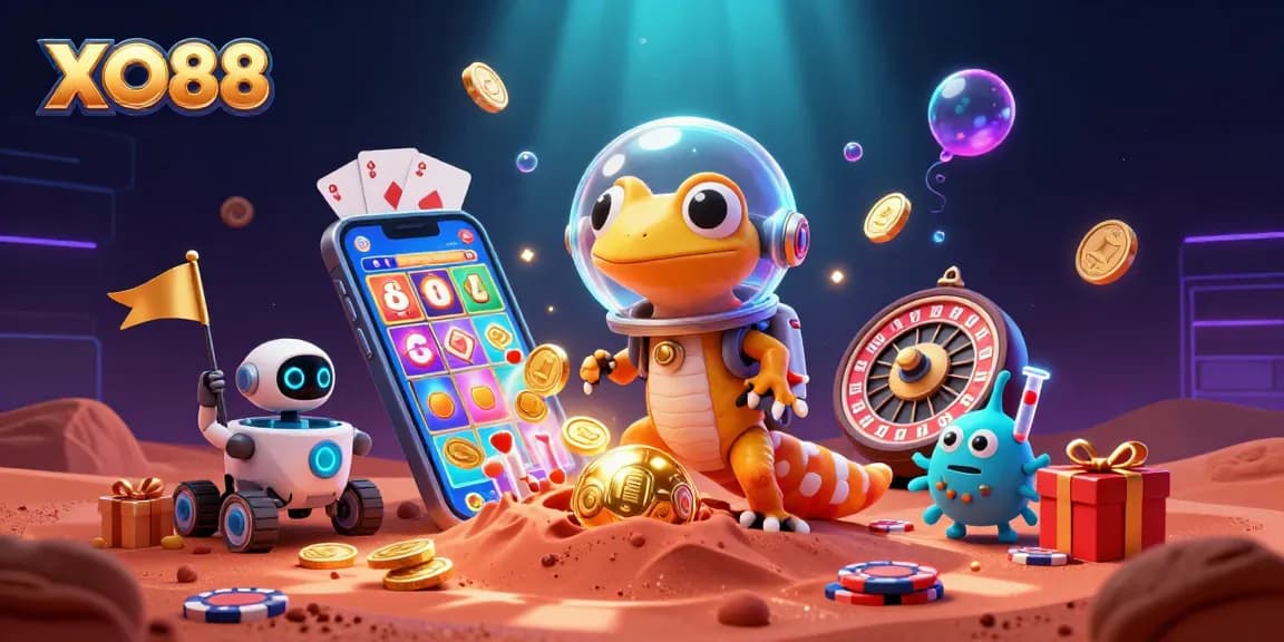 Experience exciting gaming adventures at XO88 with a vibrant scene of alien characters discovering a golden casino.