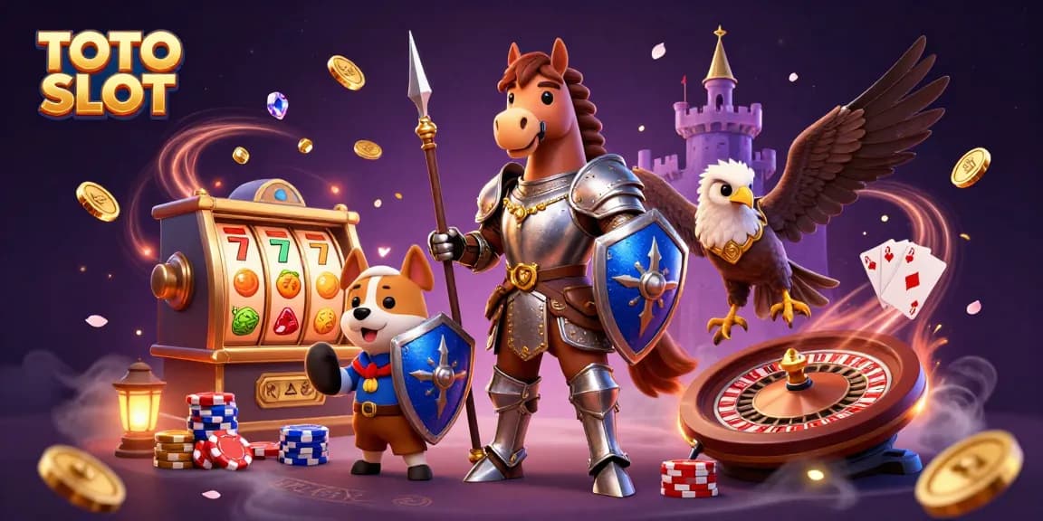 TOTO SLOT showcases a thrilling gambling adventure with knights, coins, and slot reels.