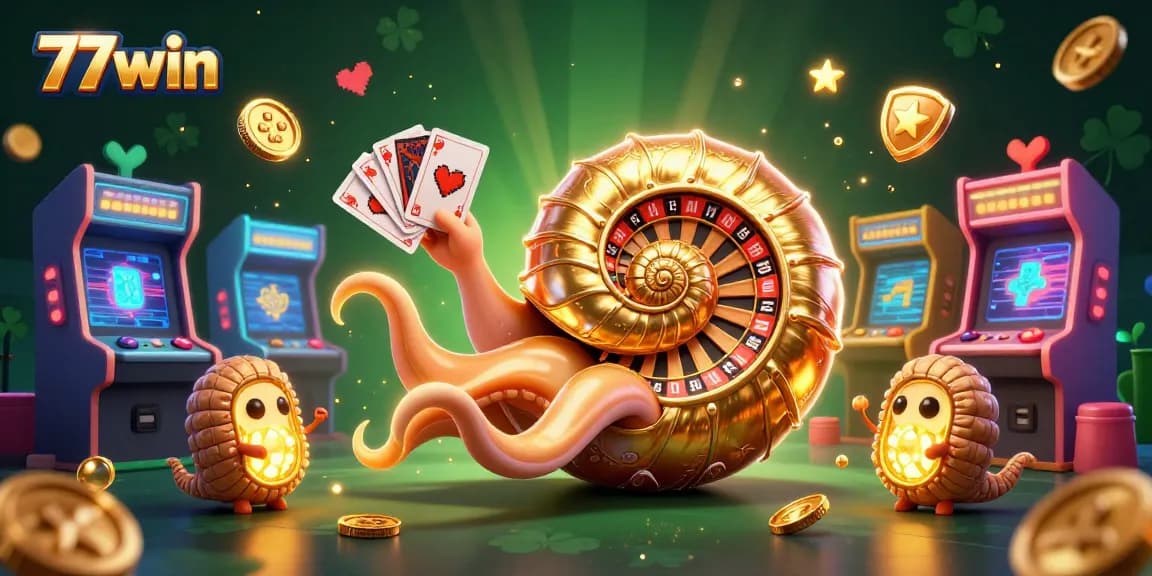 Win big with 77win's stunning 3D casino scene featuring a radiant nautilus roulette wheel.