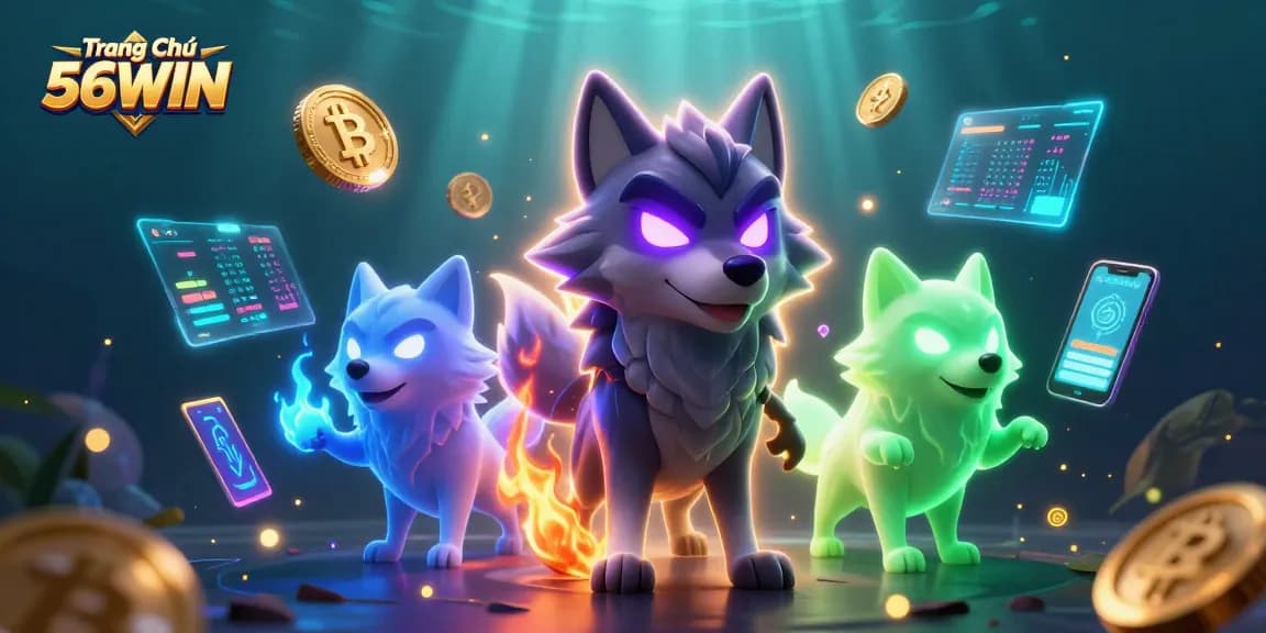 Experience the thrills of Trang Chủ 56WIN with a dynamic gaming scene featuring ghostly wolves and crypto symbols.