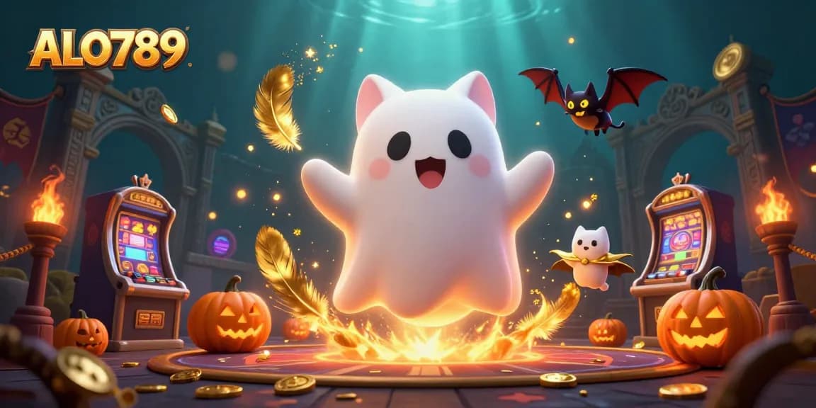 Engage with ALO789's spirited gaming environment featuring ghostly characters, glowing tokens, and dynamic casino elements.