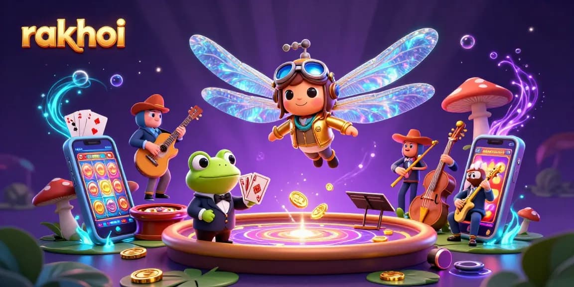 Experience thrilling rakhoi casino action with a dragonfly pilot and frog dealer amidst vibrant games.