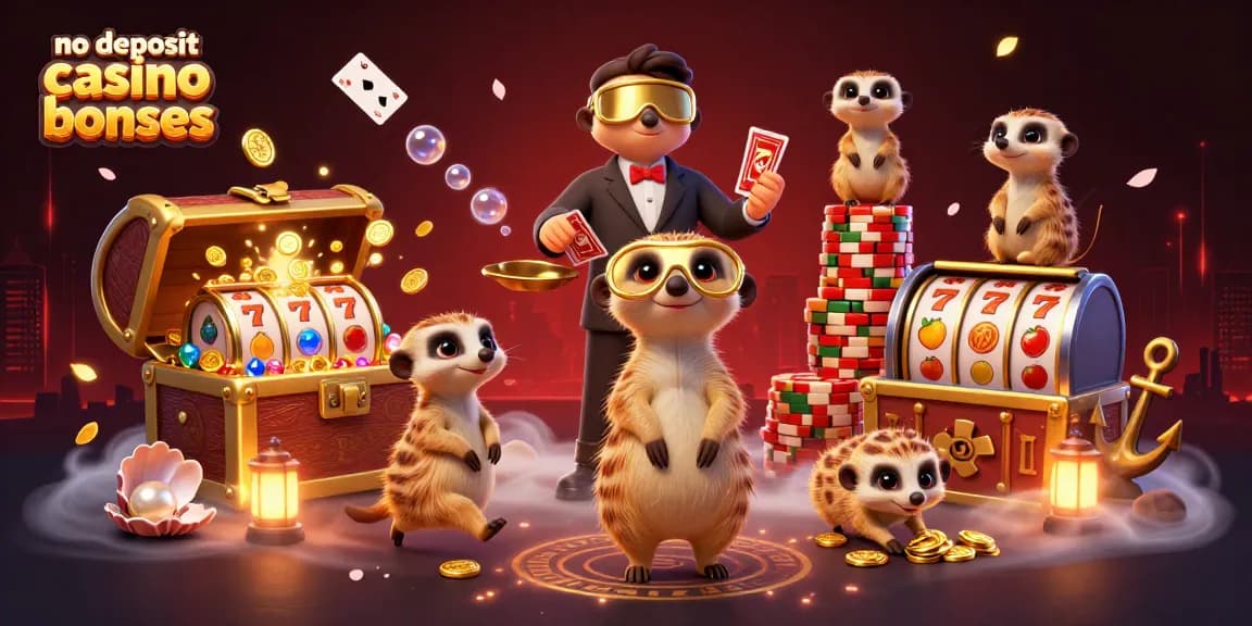 Experience thrilling no deposit casino bonuses with playful meerkats running a vibrant casino.