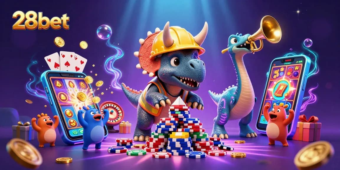 Join the fun at 28bet, where a triceratops builds poker chips and excitement fills the air!