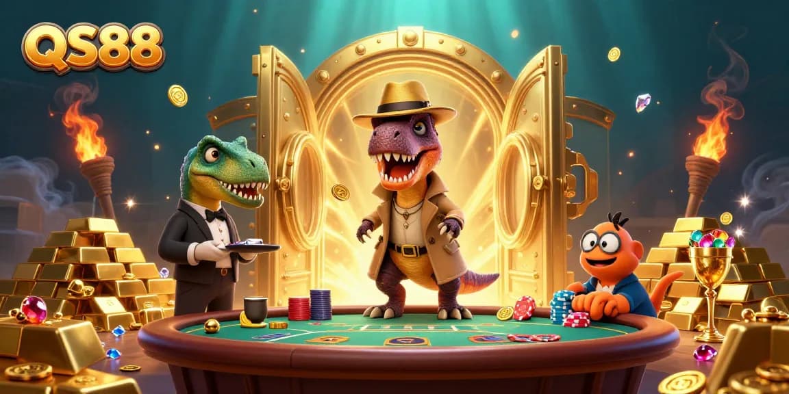 Experience thrilling casino gameplay with QS88 as a velociraptor and stegosaurus bring excitement to the blackjack table.