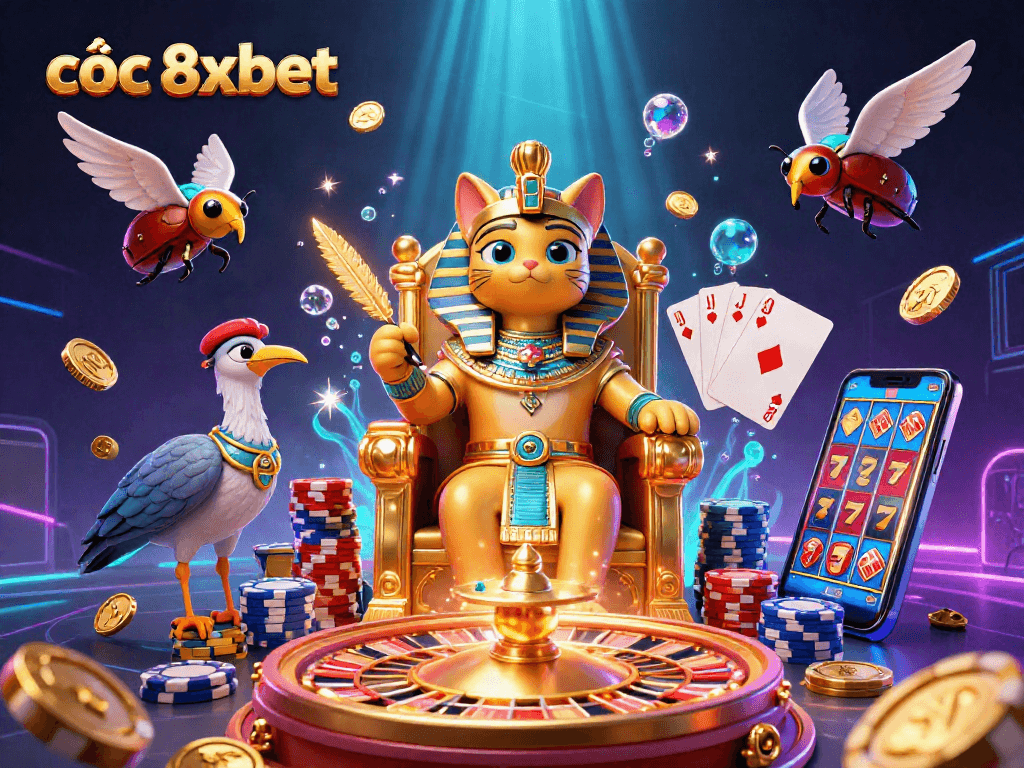 Experience the thrill of cược 8xbet with a vibrant casino scene featuring an Egyptian pharaoh cat, sparkling gems, and spinning roulette.