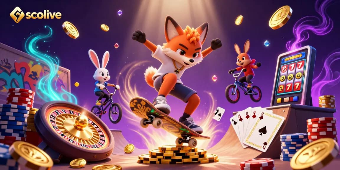 Socolive showcases a vibrant scene of a skateboarder fox and BMX rabbit enjoying gambling themes in a rich casino atmosphere while winning.