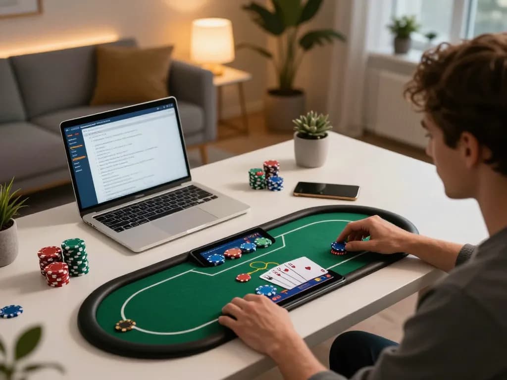 Player immersing in 88BET poker game on tablet in stylish home office atmosphere