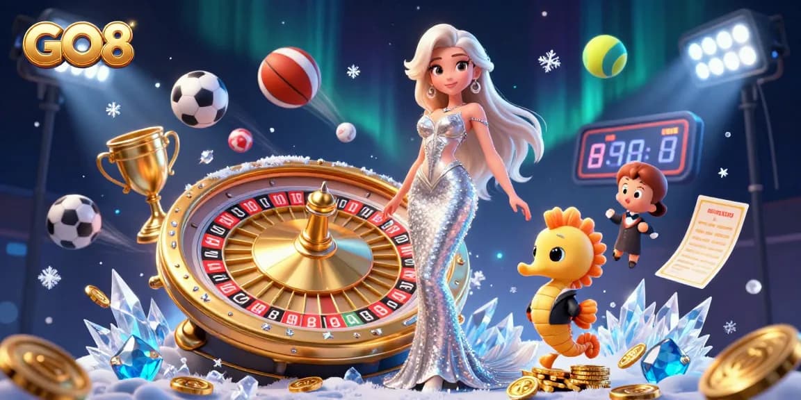 Engage with GO8's dynamic gaming scene featuring a glamorous model, roulette, and sports excitement.