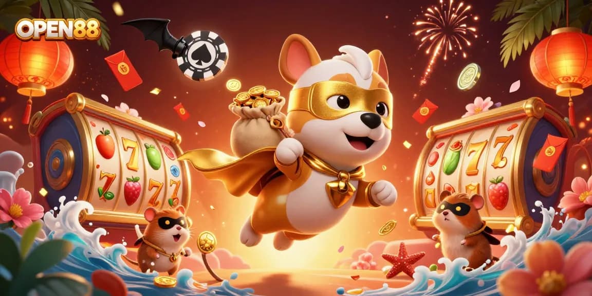 Experience the excitement of OPEN88 with a superhero dog and vibrant casino elements.