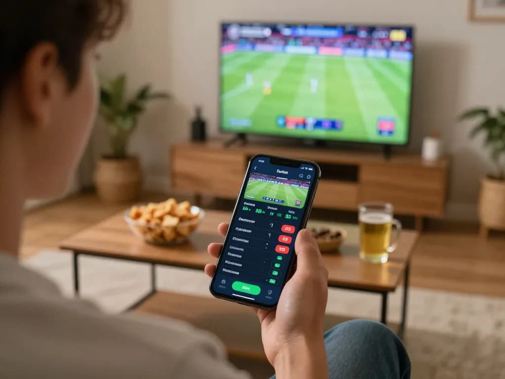 Engaged player using a mobile app for Nhà cái mv66 live sports betting with live odds displayed.