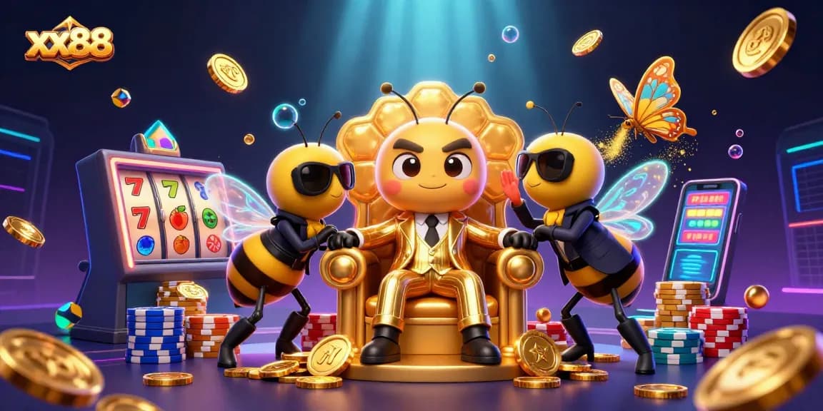 Spin the reels with xx88 in a vibrant casino scene featuring a cartoon bumblebee mob boss.